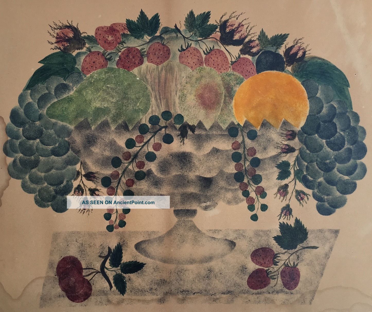 Antique 19th C Folk Art Theorem Painting Fruit Bowl Primitives photo