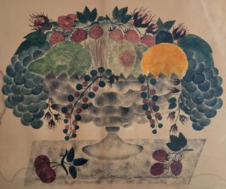 Antique 19th C Folk Art Theorem Painting Fruit Bowl photo