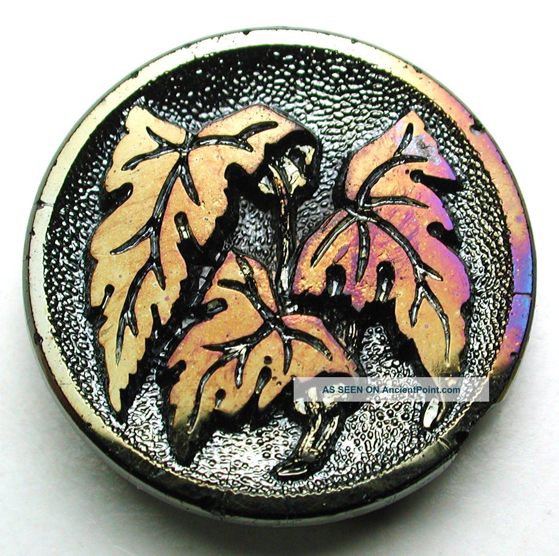 Antique Black Glass Button 3 Leaf Design W/ Carnival Luster - 7/8 Inch Buttons photo