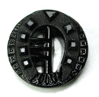 Antique Black Glass Button Pierced Horse Shoe Design - 5/8 
