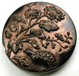 Med Sz Antique Black Glass Button W Bronze Luster Bird Under Bush 1 