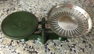 Vintage Petite Green - Finish Cast Iron/steel Counter - Top Scale And Pan C.  1920 ' S photo