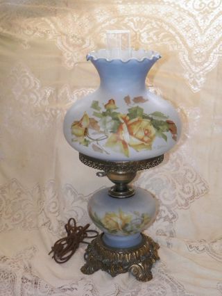 Vintage Fenton? Artist Signed Blue Satin Gone With Wind Style Parlor Lamp photo