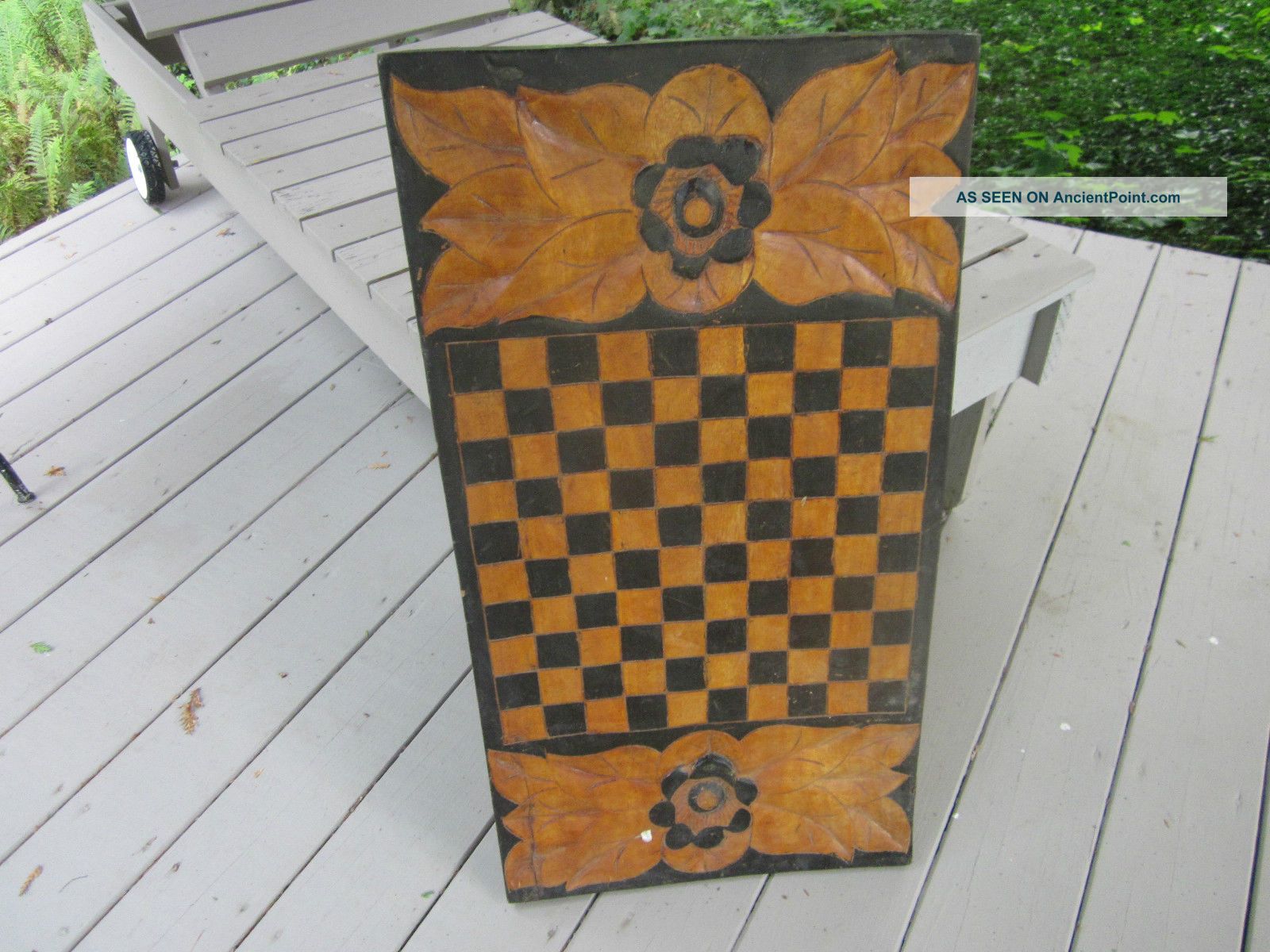 Handmade Unusual Antique? Gameboard.  Mustard & Black.  Carved/flowers Primitives photo