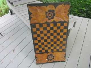 Handmade Unusual Antique? Gameboard.  Mustard & Black.  Carved/flowers photo