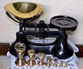 Vintage English Black Boots Kitchen Balance Scales 7 Brass Bell Weights photo
