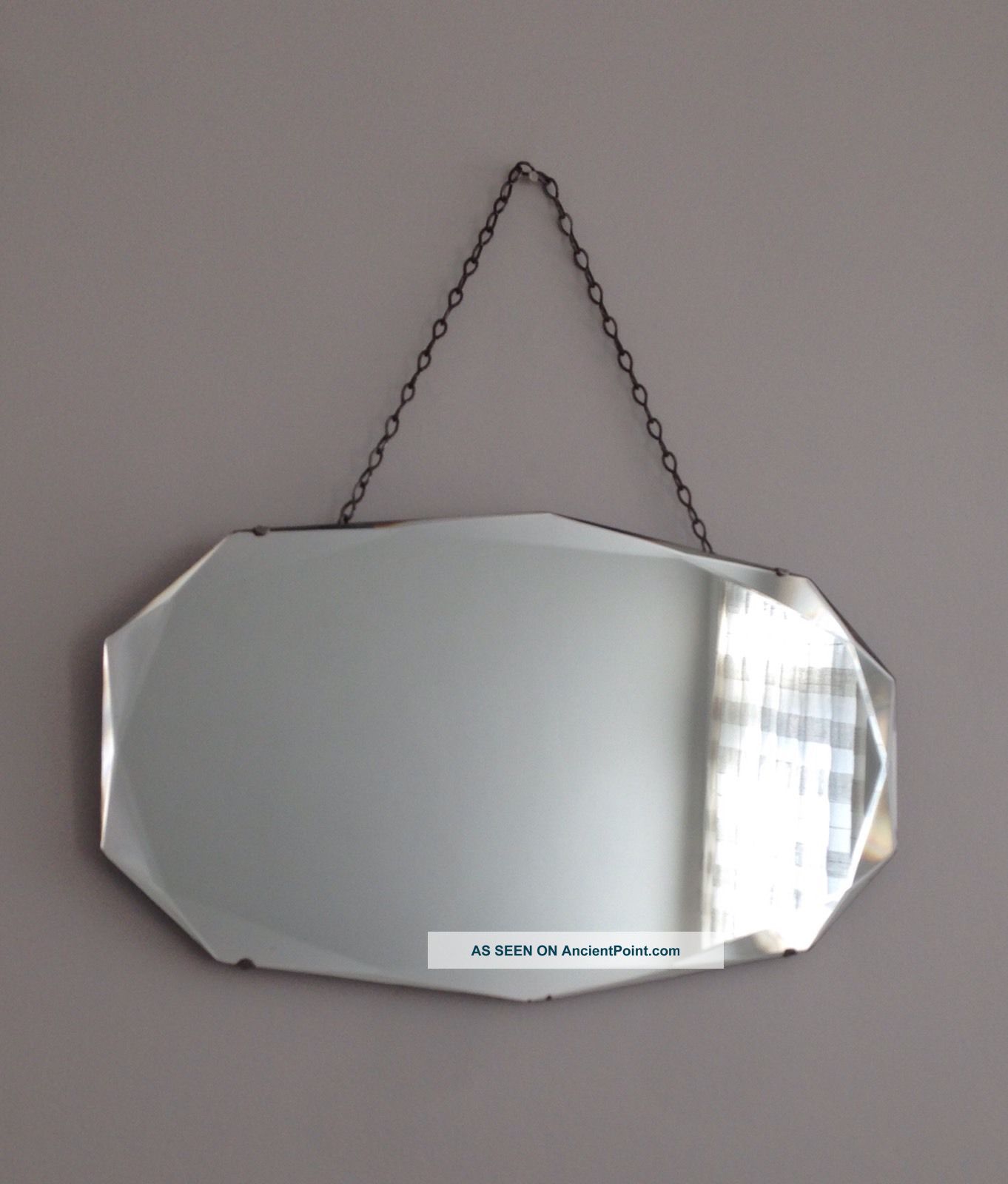 Vintage Art Deco Iconic Frameless Beveled Edge Hanging Wall Mirror With Chain 20th Century photo