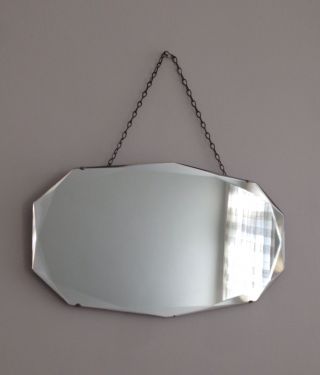 Vintage Art Deco Iconic Frameless Beveled Edge Hanging Wall Mirror With Chain photo
