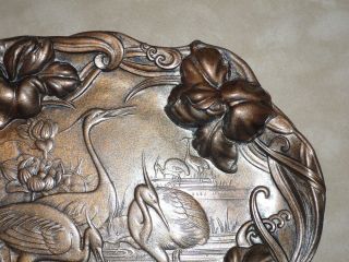 Antique Bronze Finish Art Nouveau Metal Tray Cranes Iris photo