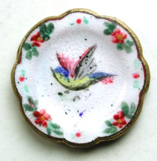 Antique Button Scarce Plate Enamel W Hand Painted Bird Design 3/4 