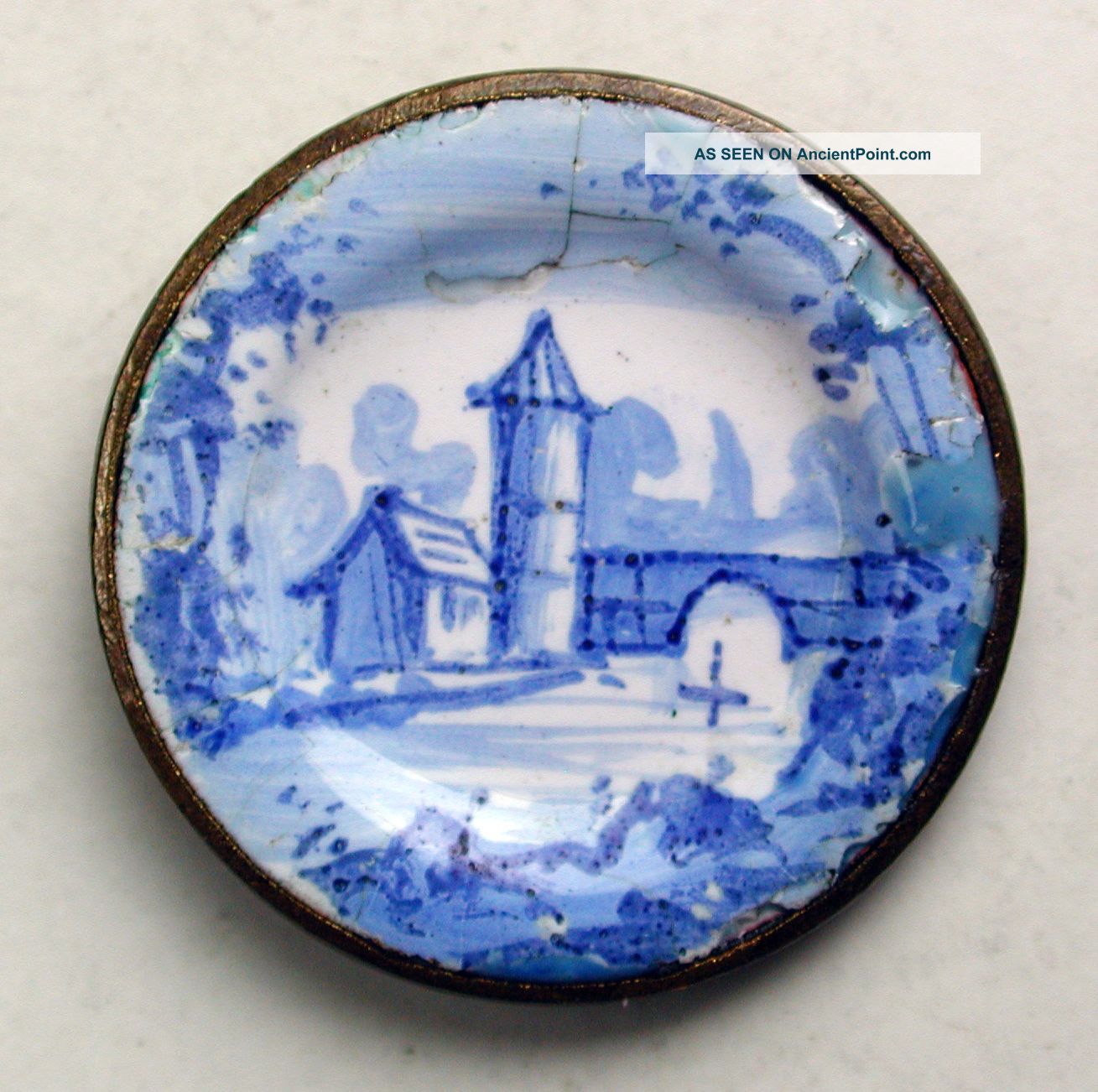 Antique Button Scarce Plate Enamel W Hand Painted Delft Bridge Design 3/4 