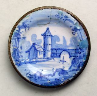 Antique Button Scarce Plate Enamel W Hand Painted Delft Bridge Design 3/4 