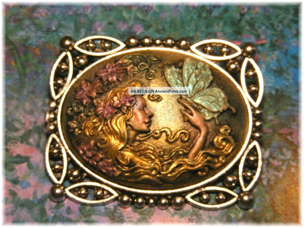 Stunning Butterfly Goddess Hand Painted 3d Studio Button W Silver Brass Setting Buttons photo