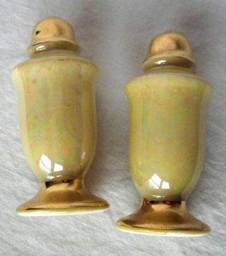 Vintage Lusterware Salt & Pepper Gilt Crown & Foot Iridescent Yellow Gorgeous photo