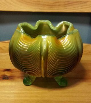 Rare Vtg Fenton Tulip Shape Three - Footed Green Carnival Glass Bobtail Candy Bowl photo