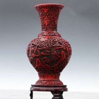 Oriental Vintage Delicate Lacquer Hand - Carved Landscape Vase Csyb174 photo