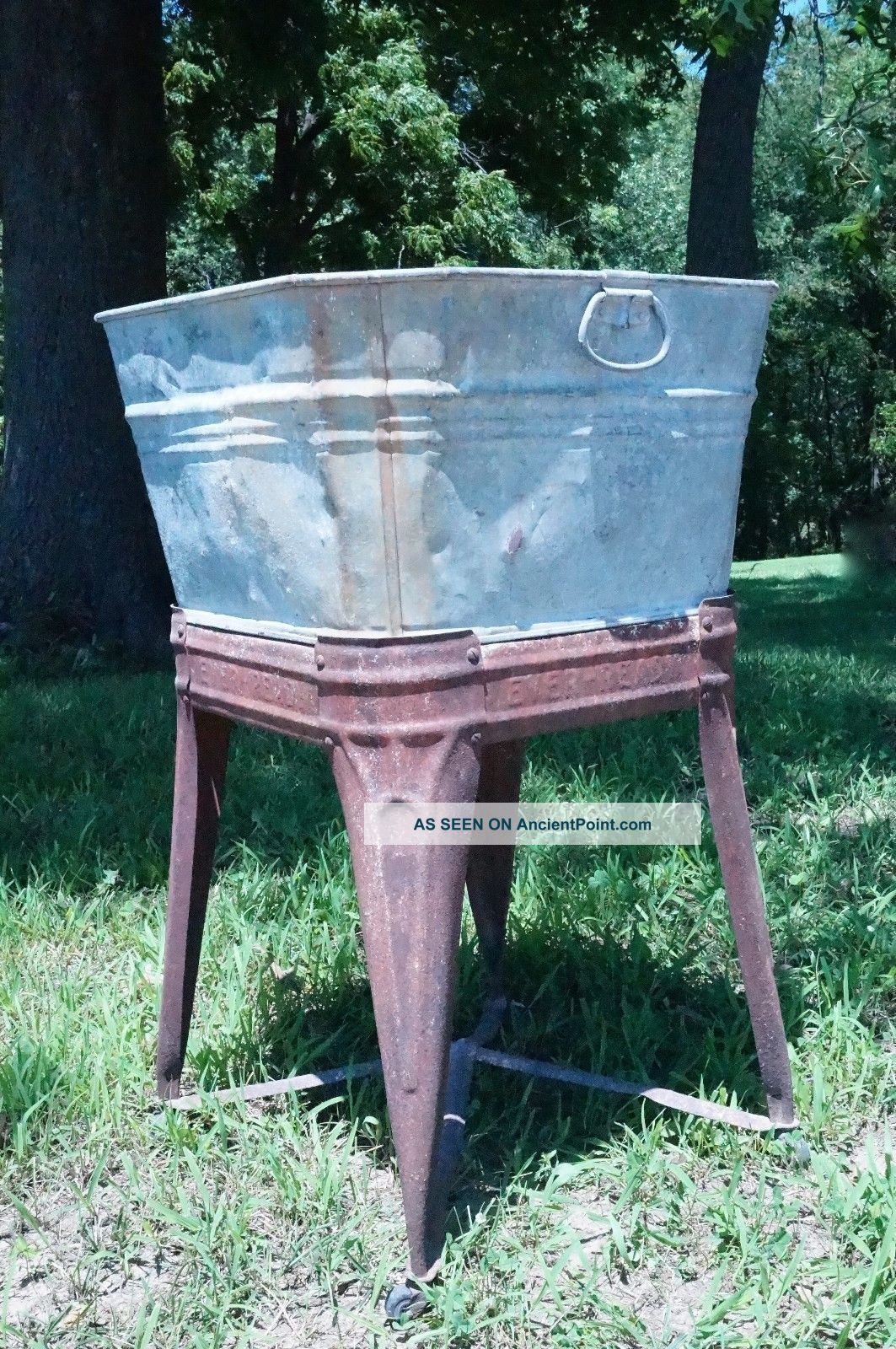 Primitive Metal Single Wash Tub Basin Base Wheeled Stand Rinse Tub Wringer Washe Primitives photo