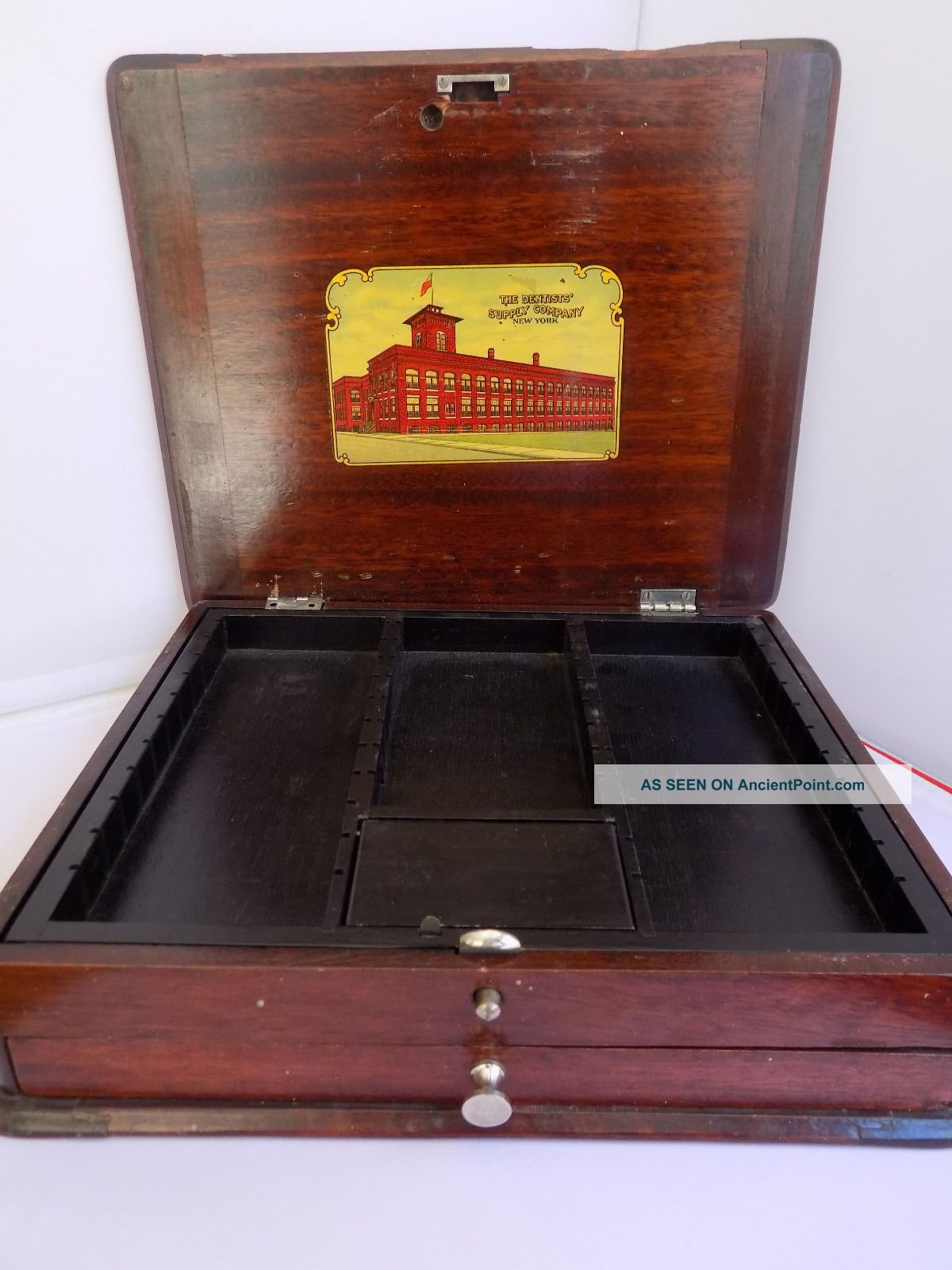 Antique Dentist Supply Company York Wood Box W/ Drawer Slide Holder Primitives photo