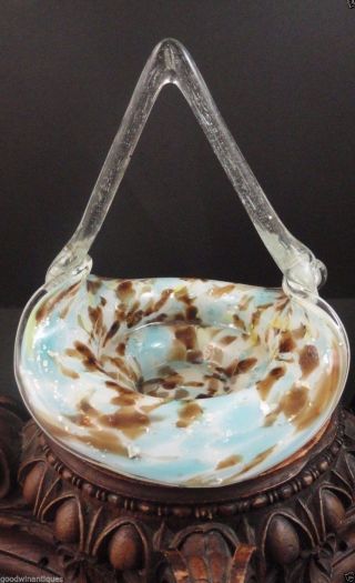 Antique Bohemian Harrach Blue Spatter & Mica Art Glass Basket Applied Handle photo