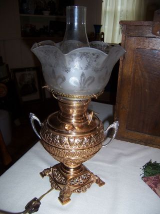 Antique Very Ornate Bass Oil Lamp Now Electric Fancy Gas Shade photo