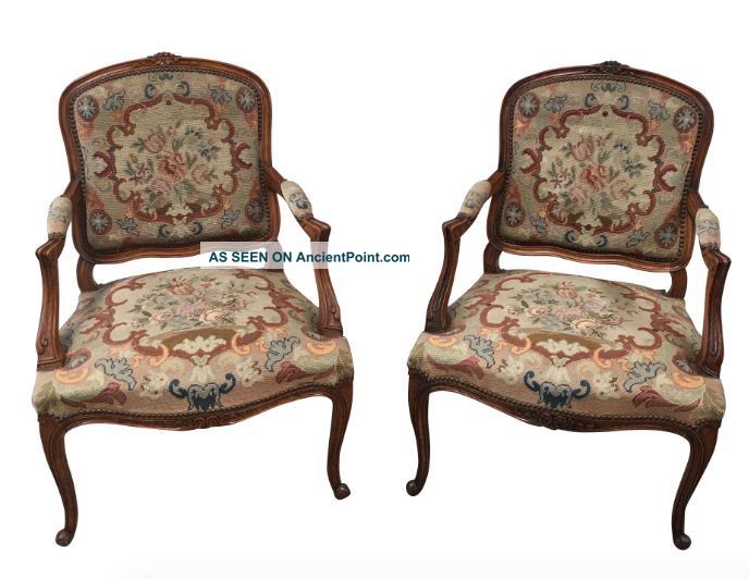 French Antique Louis Xv Style Needlepoint Arm Chairs Accent Chairs 1800-1899 photo