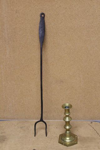 A Great Early 18th C Wrought Iron Two Tine Roasting Fork In Old Surface photo