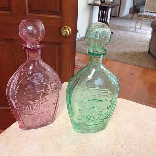 Lord Calvert Post - 1940,  Pink,  Green Glass Whiskey Bottles,  Decantures,  Knob Stoppers photo