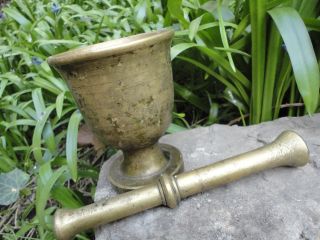 Antique Solid Bronze Mortar Pestle Brass For Hand Grind 19th - Century Authentic photo