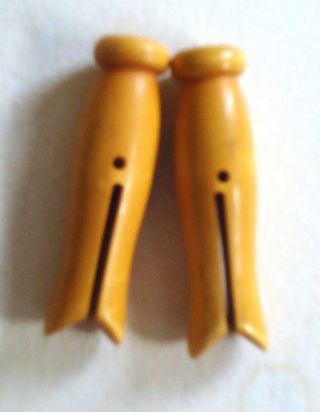2 Pc Vintage Bakelite Pair Carved Butterscotch Clothes Pins Buttons American 40s photo
