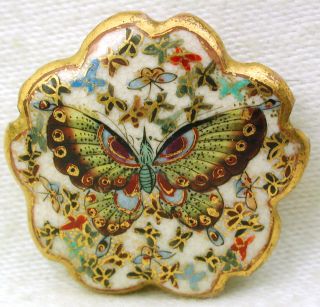 Antique Satsuma Button Meiji Era Thousand Butterfly Design Flower Edge 1 & 3/16 photo