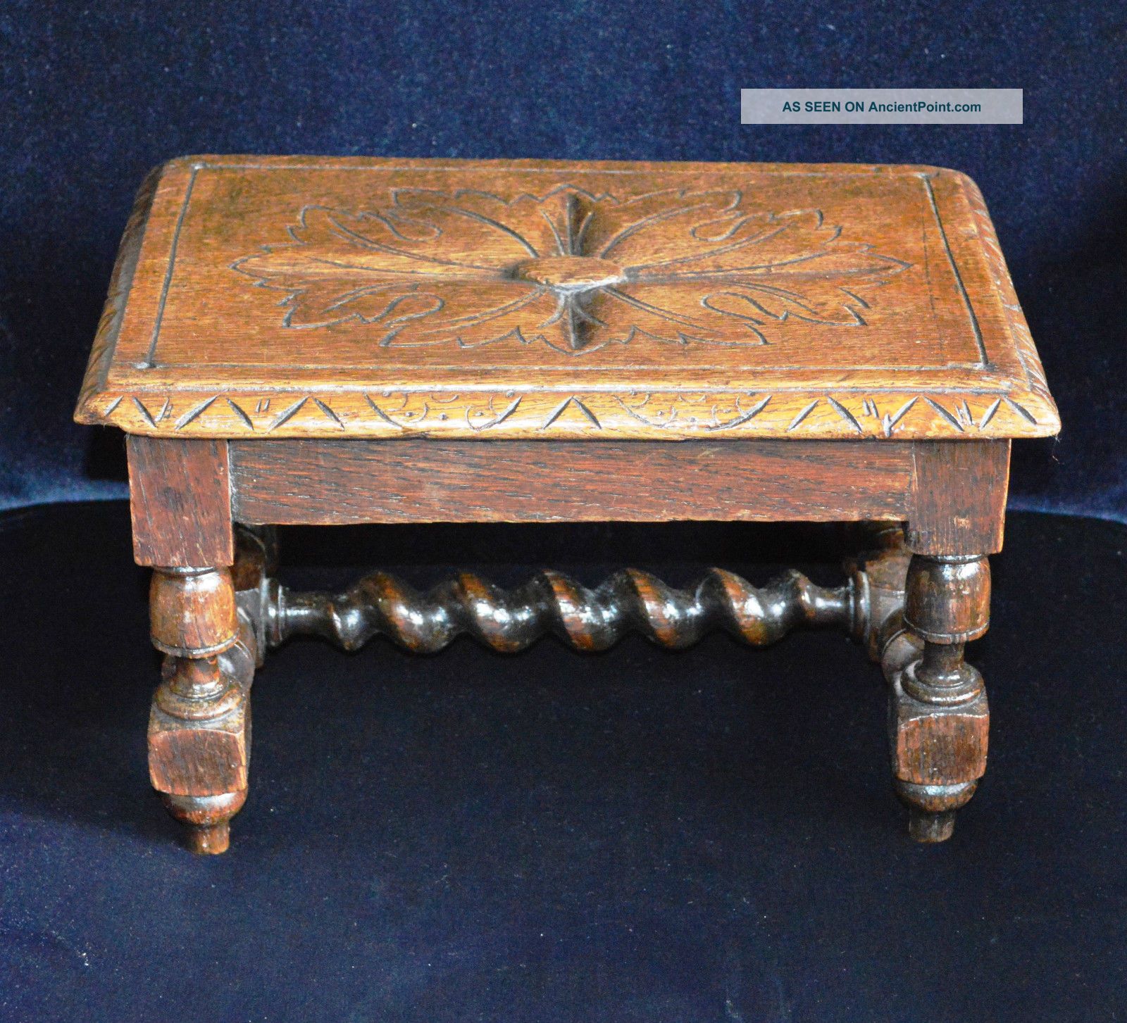Antique Victorian Carved Oak Footstool With Barleytwist Stretcher 1800-1899 photo