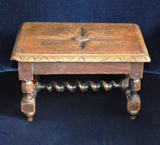 Antique Victorian Carved Oak Footstool With Barleytwist Stretcher photo