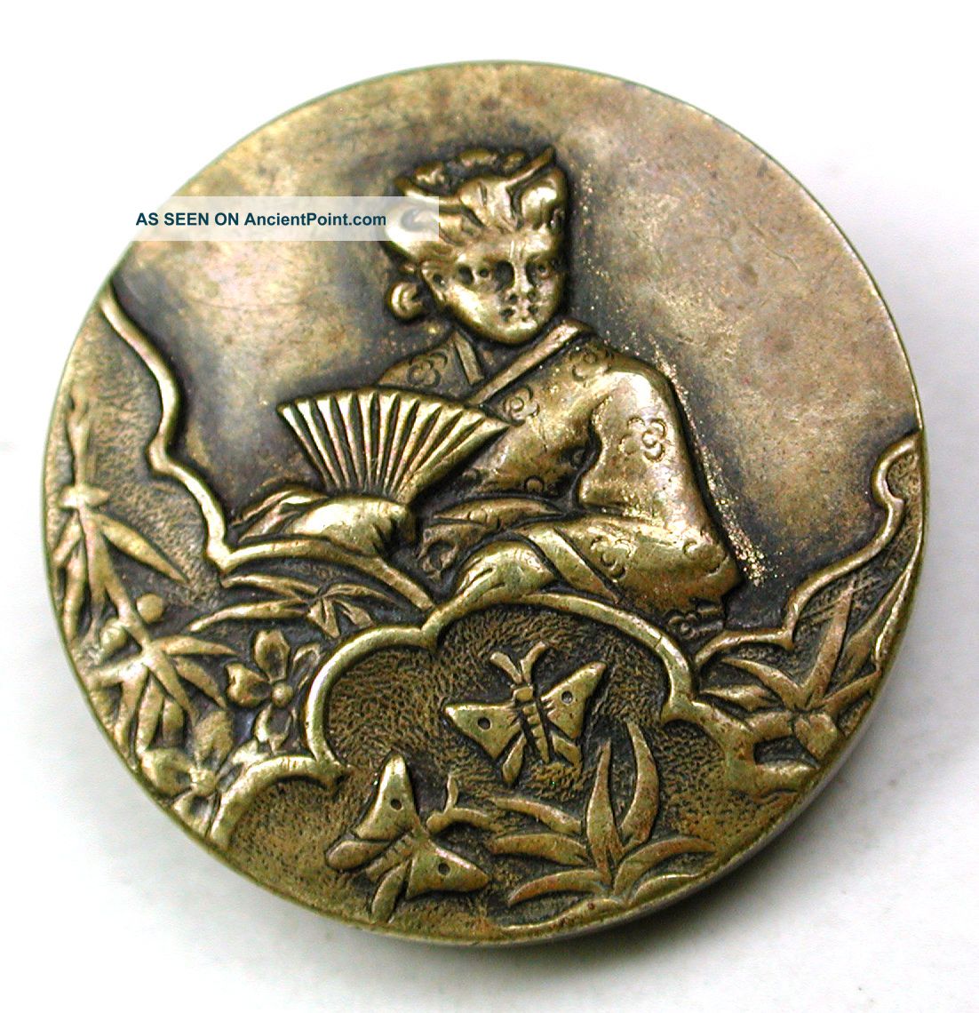 Antique Brass Button Asian Woman Holds Fan W/ Butterflies & Bamboo Paris Back Buttons photo