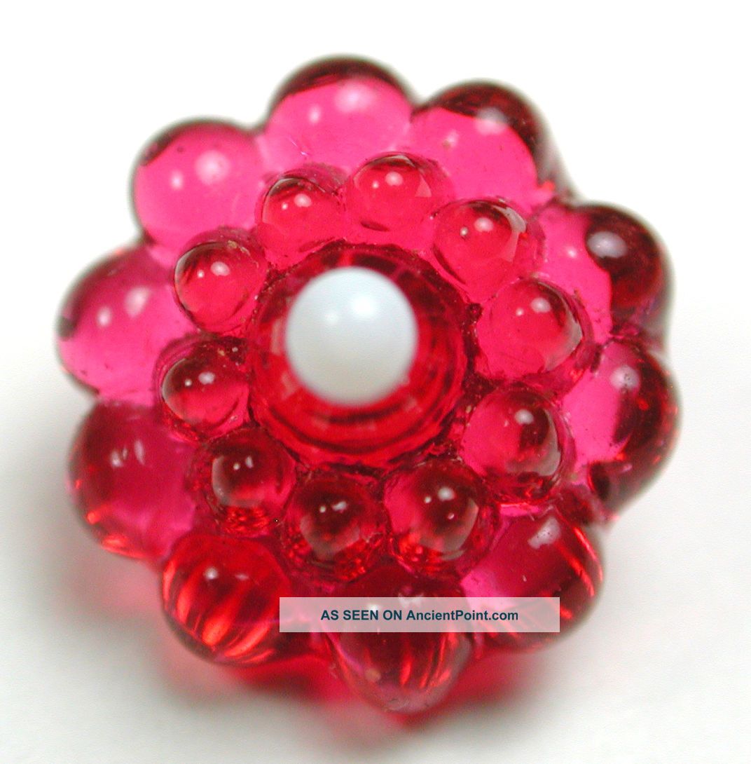 Antique Charmstring Glass Button Strawberry Pink Candy Mold W/ Dot - Swirl Bk Buttons photo