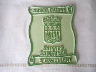 French Vintage Metal Regional Award Green Dog Plaque Saintes W/ Crown And Lys photo