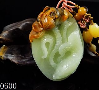 100 Natural Hand - Carved Jade Pendant Jadeite Necklace Lotus&fish Pond 0600 photo
