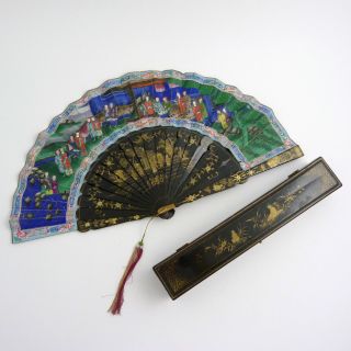 19th Century Chinese Export Black Lacquer Handpainted Fan In Fitted Box photo