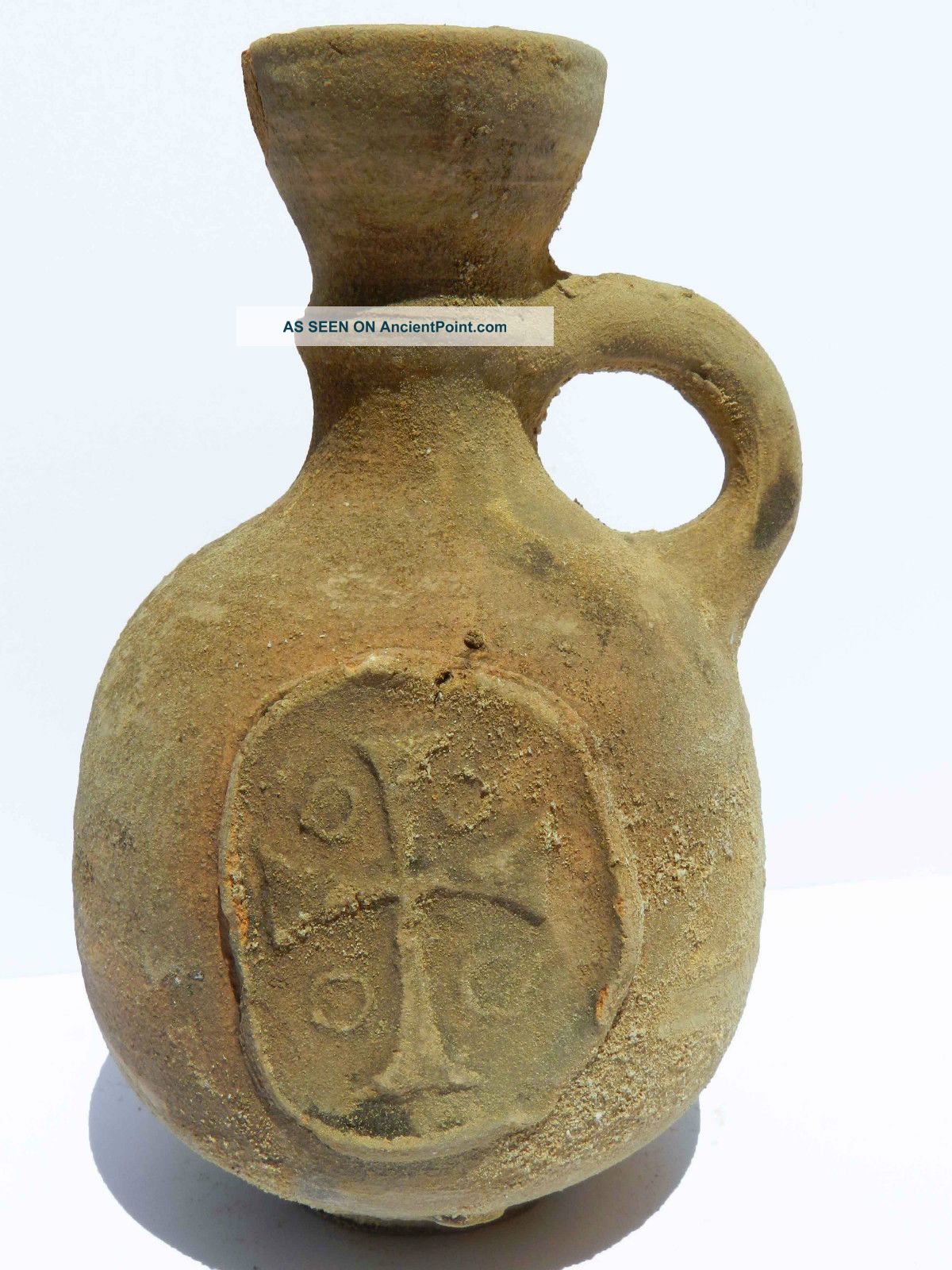 Biblical Ancient Terracotta Holy Land Pottery Jug Clay Christian Cross Replica Holy Land photo