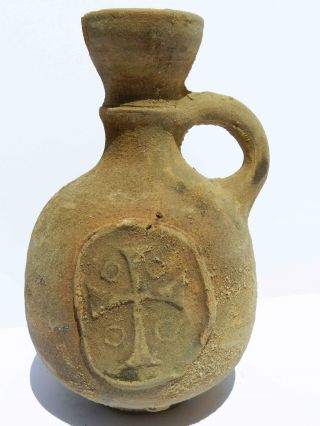 Biblical Ancient Terracotta Holy Land Pottery Jug Clay Christian Cross Replica photo