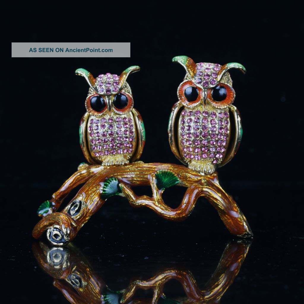 Chinese Exquisite Cloisonne Inlaid Rhinestone Handwork Double Owl Statue C765 Other Antique Chinese Statues photo