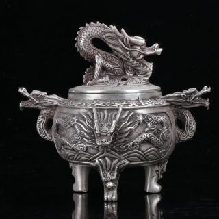 Old Tibet Silver Hand Carved Dragon Dragon Lid Incense Burners W Xuande Mark C52 photo