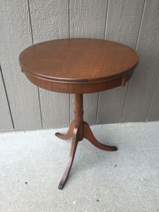 Antique Round Wood Accent Table Vintage Drum Side 3 Legs Claw Feet photo