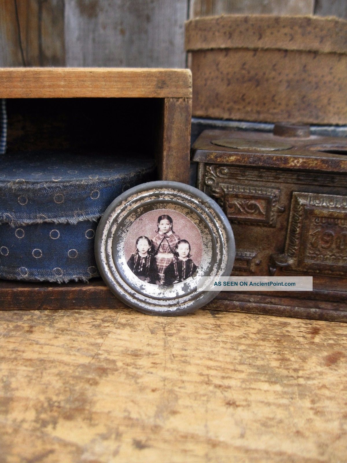 Tiny Antique Tin Doll Plate With Old Christmas Photo Print Sisters Primitives photo