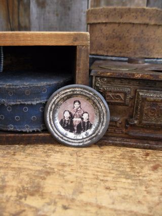 Tiny Antique Tin Doll Plate With Old Christmas Photo Print Sisters photo