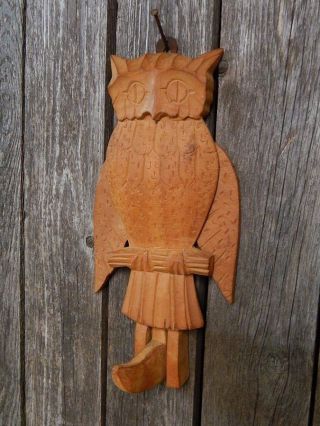 Primitive Vintage Carved Wood Owl Hook W/moving Wings Folk Art Halloween photo