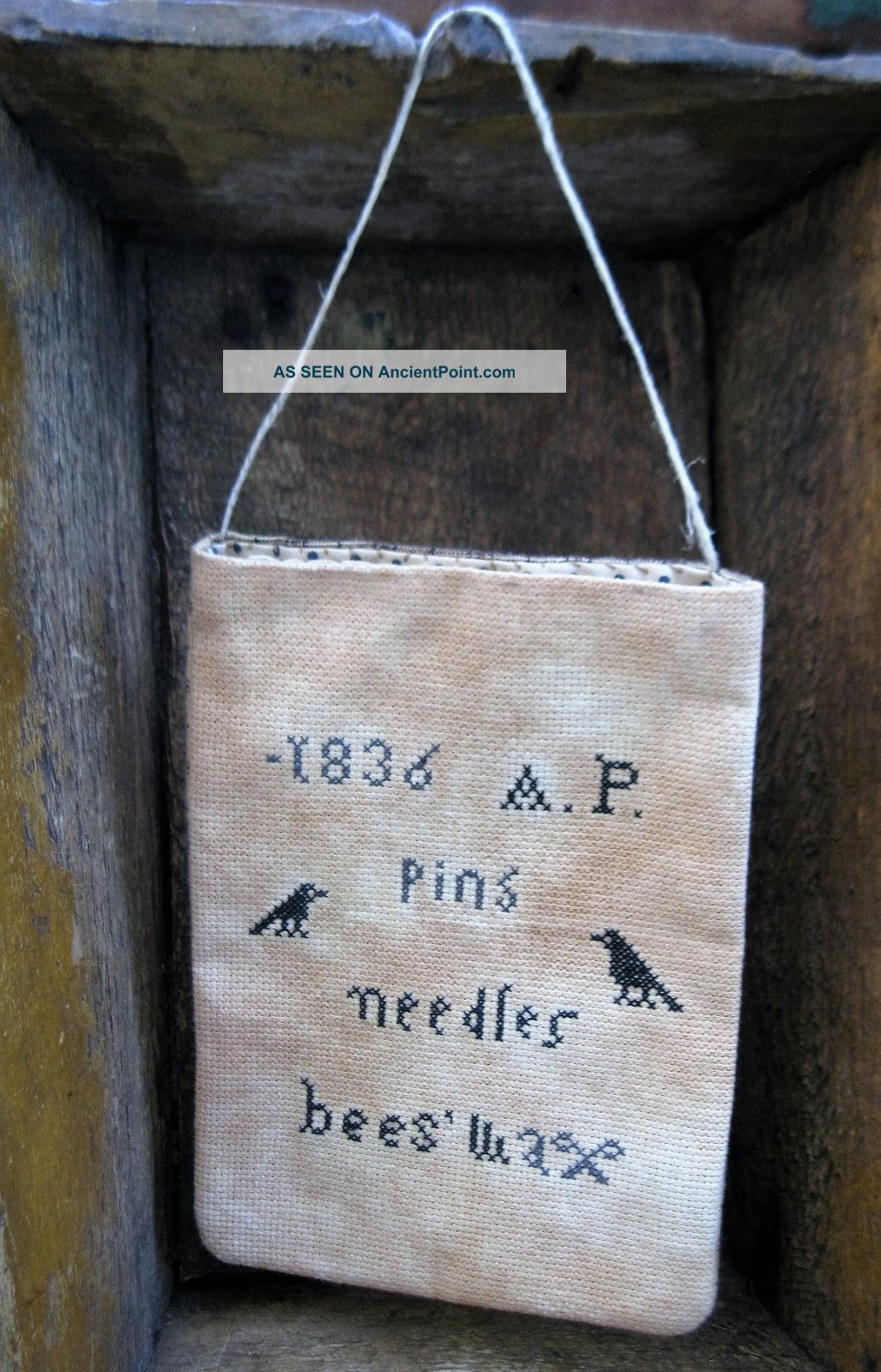 Cross Stitch Sampler Sewing Pocket 1836 Pins Needles Beeswax Primitives photo