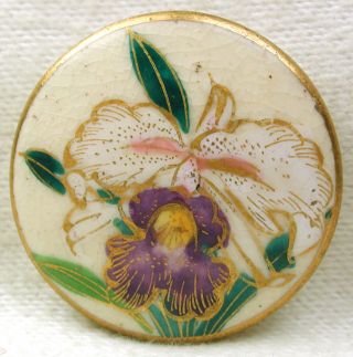 Vintage Satsuma Button Colorful Orchid Flowers Scene W/ Gold Accents 1 & 1/16 