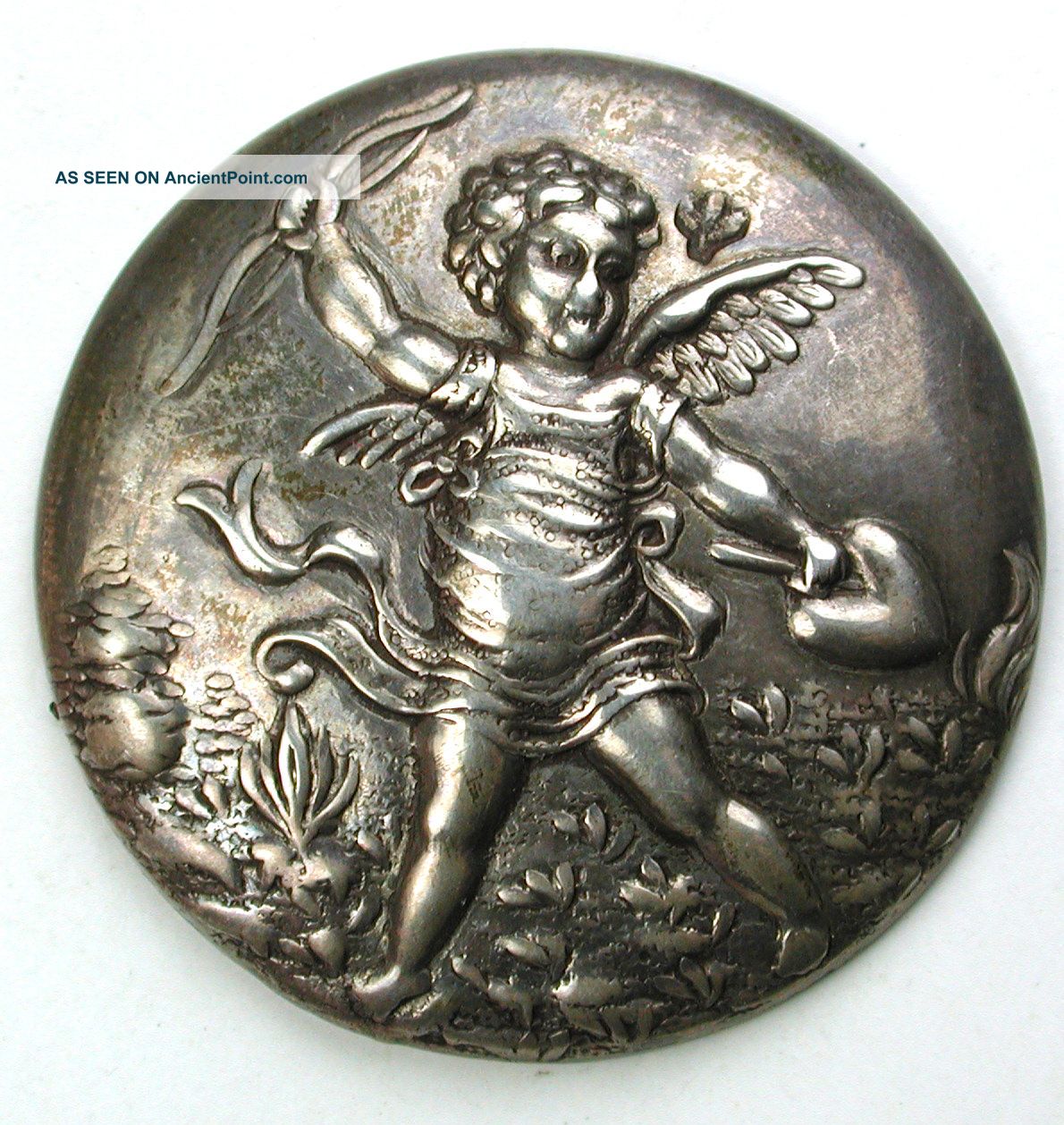 Antique Sterling Silver Button Cupid Holding Bow & Heart - 1 & 5/16 