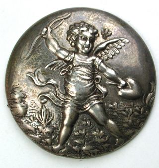 Antique Sterling Silver Button Cupid Holding Bow & Heart - 1 & 5/16 