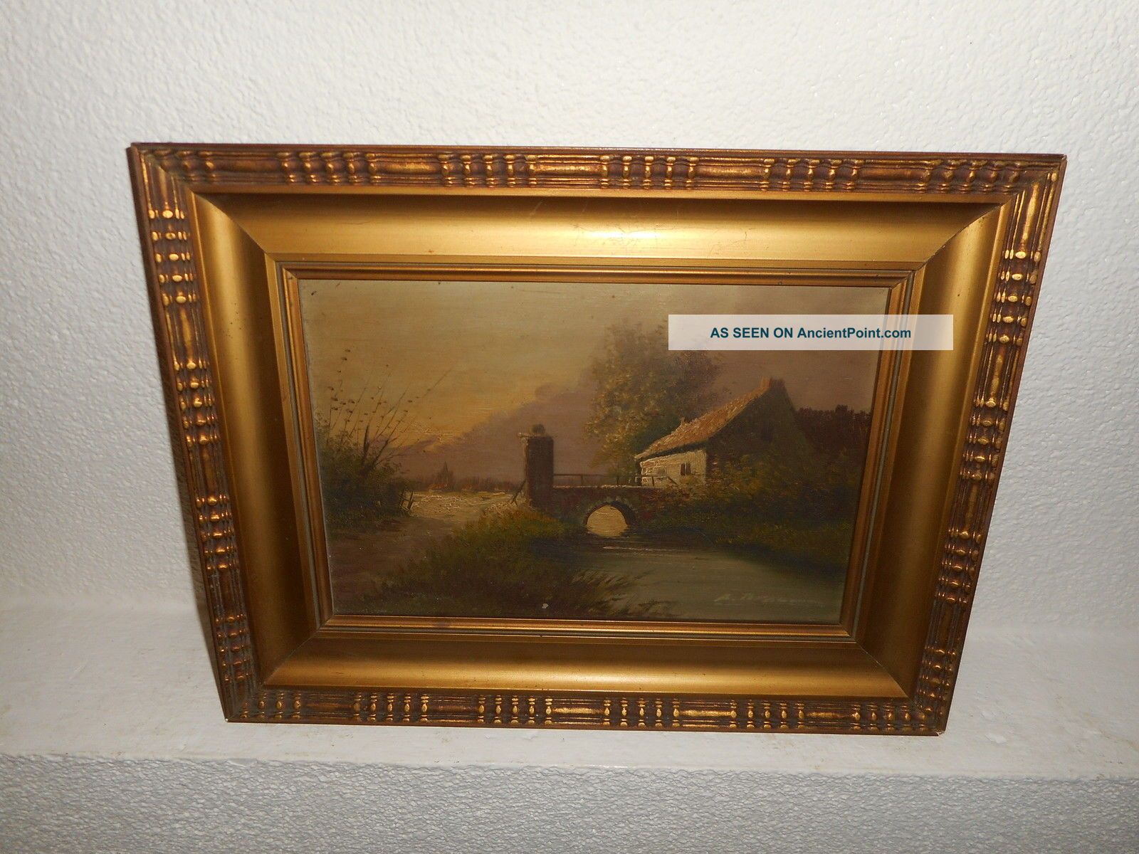 Antique Oil Painting,  { Landscape With A Bridge And Houses,  Is Signed }. Other Antique Decorative Arts photo